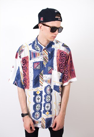 VINTAGE 80S COLOURFUL ABSTRACT SHORT SLEEVE SHIRT