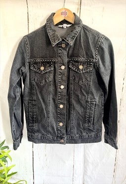 Vintage Black Distressed Studded Y2K Denim Biker Jacket