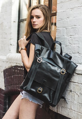 BLACK LEATHER CITY HIKER BACKPACK