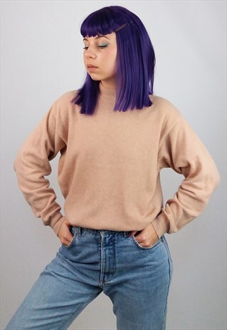 VINTAGE 80'S RETRO HIGH NECK WOOL SWEATER JUMPER BEIGE