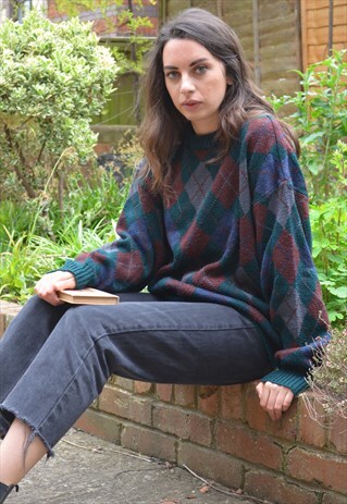 80S VINTAGE GREEN DIAMOND GOLF PATTERN KNIT JUMPER