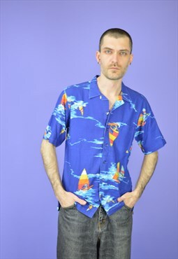 Vintage blue graphic Hawaiian short sleeve shirt