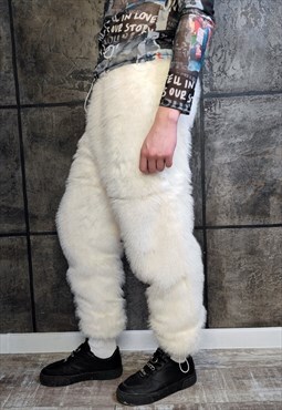Luxury fauxfur jogger handmade detachable fleece pants cream