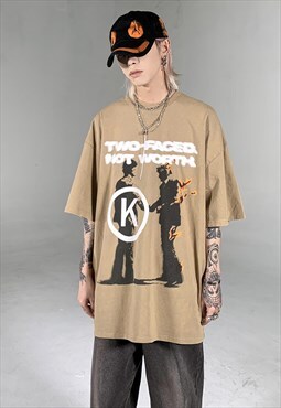 Khaki Washed Graphic Cotton T shirt tee