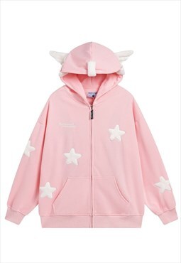 Patchwork hoodie animal ears pullover Kawaii top in pink