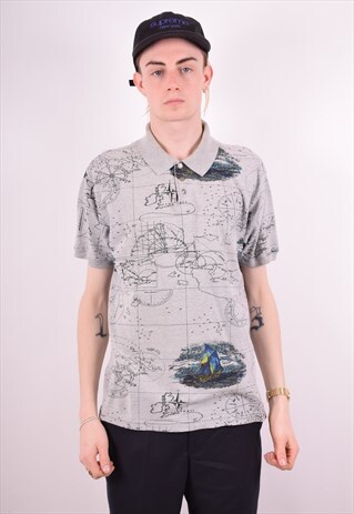 MENS VINTAGE POLO SHIRT MEDIUM GREY 90S
