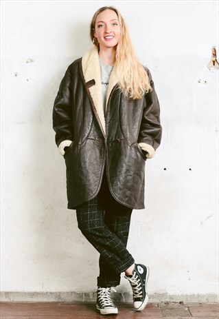 VINTAGE 80S LEATHER SHERPA COAT