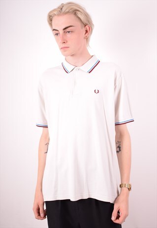 FRED PERRY MENS VINTAGE POLO SHIRT XL WHITE 90S