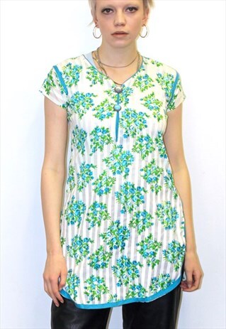 70S VINTAGE BLUE FLOWER HANDMADE HIPPIE BOHO TUNIC TOP
