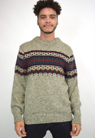 VINTAGE 90S OATMEAL GREEN MAROON KNIT SWEATER