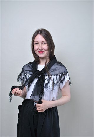Black lace hair scarf, vintage boho headscarf, 80s tie lace 