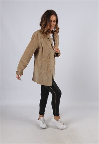 VINTAGE SUEDE JACKET LONG OVERSIZED FITTED UK 16 XL (CJ3R)