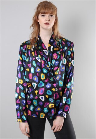VINTAGE 80S SATIN PATTERNED DOUBLE BREASTED BLOUSE