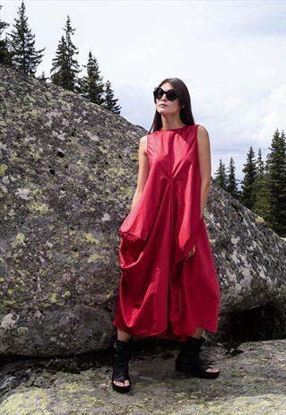 XXL DRESS DRAPPED RED KAFTAN LOOSE TUNIC MAXI DRESS F1718