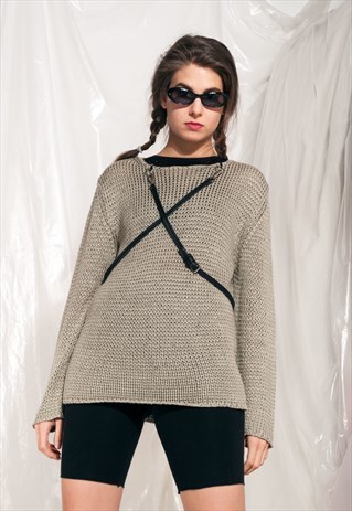 VINTAGE KNIT JUMPER Y2K REWORKED HARNESS STRAP KHAKI SWEATER