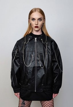 Chained biker jacket faux leather motorcycle jacket in black