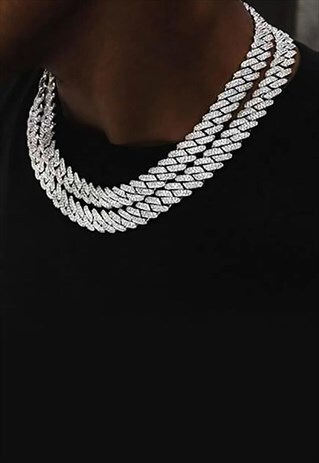 14MM 24" DIAMOND GEOMETRIC ICED NECKLACE CHAIN - SILVER