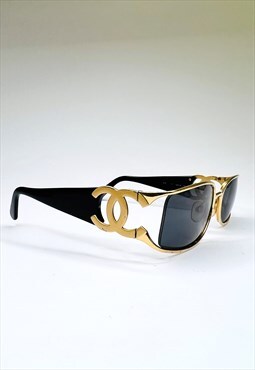 Chanel Sunglasses CC Logo Black Gold Oval 4023 Vintage