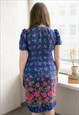 VINTAGE 70'S BLUE FLOWER PRINT MIDI PUFF SLEEVED DRESS