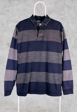 Vintage Ralph Lauren Striped Rugby Polo Shirt Grey & Blue XL