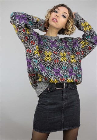 VINTAGE 80S 90S OVERSIZED PATTERNED KNIT JUMPER
