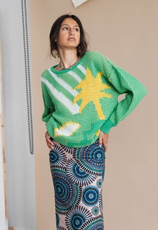 VINTAGE 80S HAWAIIAN STYLE PALM STRIPE KNIT GREEN JUMPER L