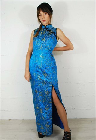VTG 90S GRUNGE SILKY CHINESE DRAGON COCKTAIL MAXI DRESS BLUE