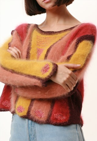 80S VINTAGE CROP MULTI PARTY HANDKNITTED WOOL JUMPER 1084