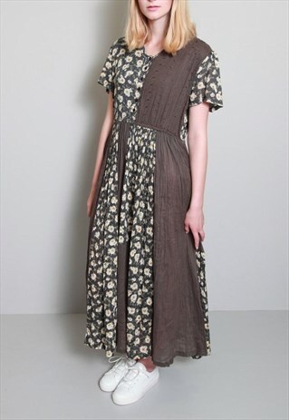 VINTAGE 1970'S GREEN FLORAL PATCHWORK LOOSE SUMMER DRESS