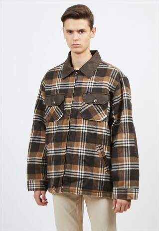 VINTAGE BROWN DELIUS CHECKERED SHEARLING WINTER SHIRT JACKET