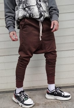 Drop crotch joggers long lace skinny harem pants in brown