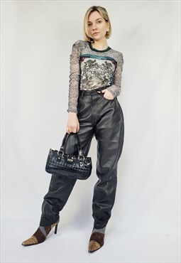 90s retro faux leather PVC black minimalist trouser pants