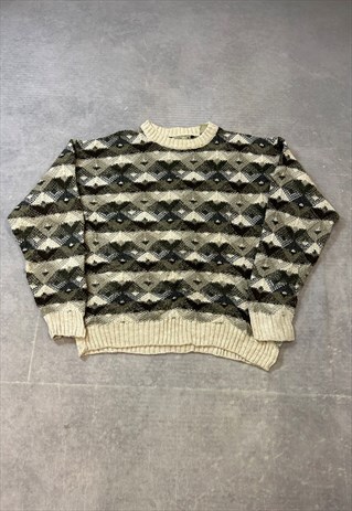 VINTAGE KNITTED JUMPER ABSTRACT PATTERNED GRANDAD SWEATER