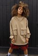 Cargo pocket pullover high neck utility hoodie in cream