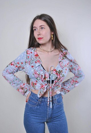 VINTAGE BLUE FLOWER SUMMER LACE BLOUSE