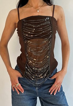 00s Brown Sequin Fringe Mesh Cami Top