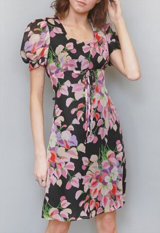VINTAGE 1960'S PINK & BLACK FLORAL BOW FRONT MINI DRESS
