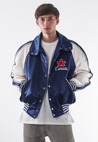 VINTAGE SEDER CANADA SATIN BOMBER 90S BLUE WHITE