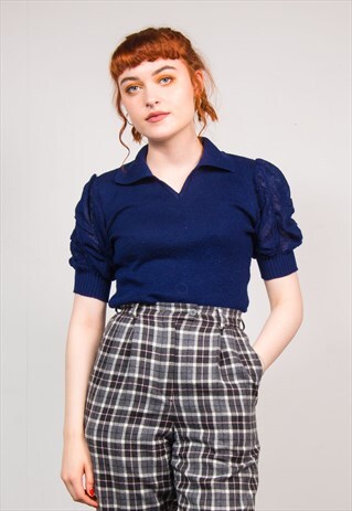 VINTAGE 70'S NAVY BLUE V-NECK COLLARED KNIT TOP