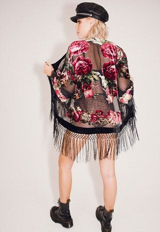 BURNOUT VELVET FESTIVAL KIMONO JACKET WITH FRINGING