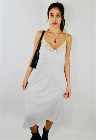 VINTAGE SATIN LACE FLORAL EMBROIDERED SLIP DRESS