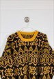 VINTAGE ABSTRACT KNITTED JUMPER YELLOW PATTERNED CHUNKY KNIT