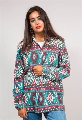 90'S VTG GREEN WAVEY AZTEC PATTERN FLANNEL SHIRT