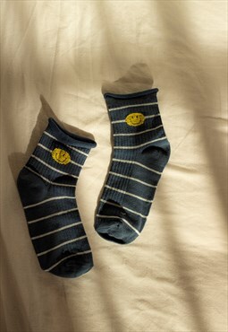 Navy Stripy Socks with Fuzzy Face