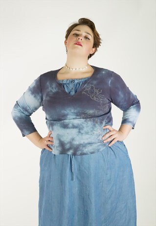 VINTAGE BLUE TIE DYE FLUTE FLARED SLEEVE TOP