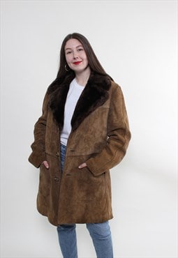 80s leather overcoat, vintage brown coat, fake fur leather 