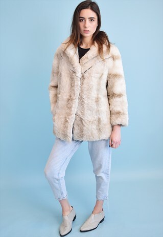 VINTAGE 70'S RETRO OVERSIZED FAUX FUR NEUTRAL COAT JACKET