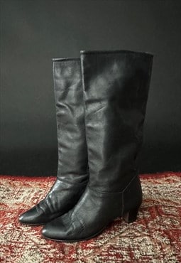 80's Vintage Soft Black Leather Slouchy Low Heel Boots 39