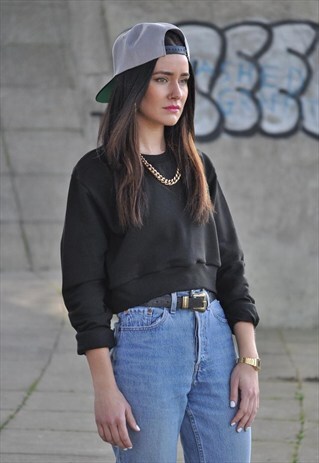 VINTAGE NEW BLACK CROPPED CREW NECK JUMPER SWEATER