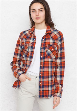 VINTAGE ORANGE BLUE LEE LONG SLEEVE CHECKERED COTTON SHIRT
